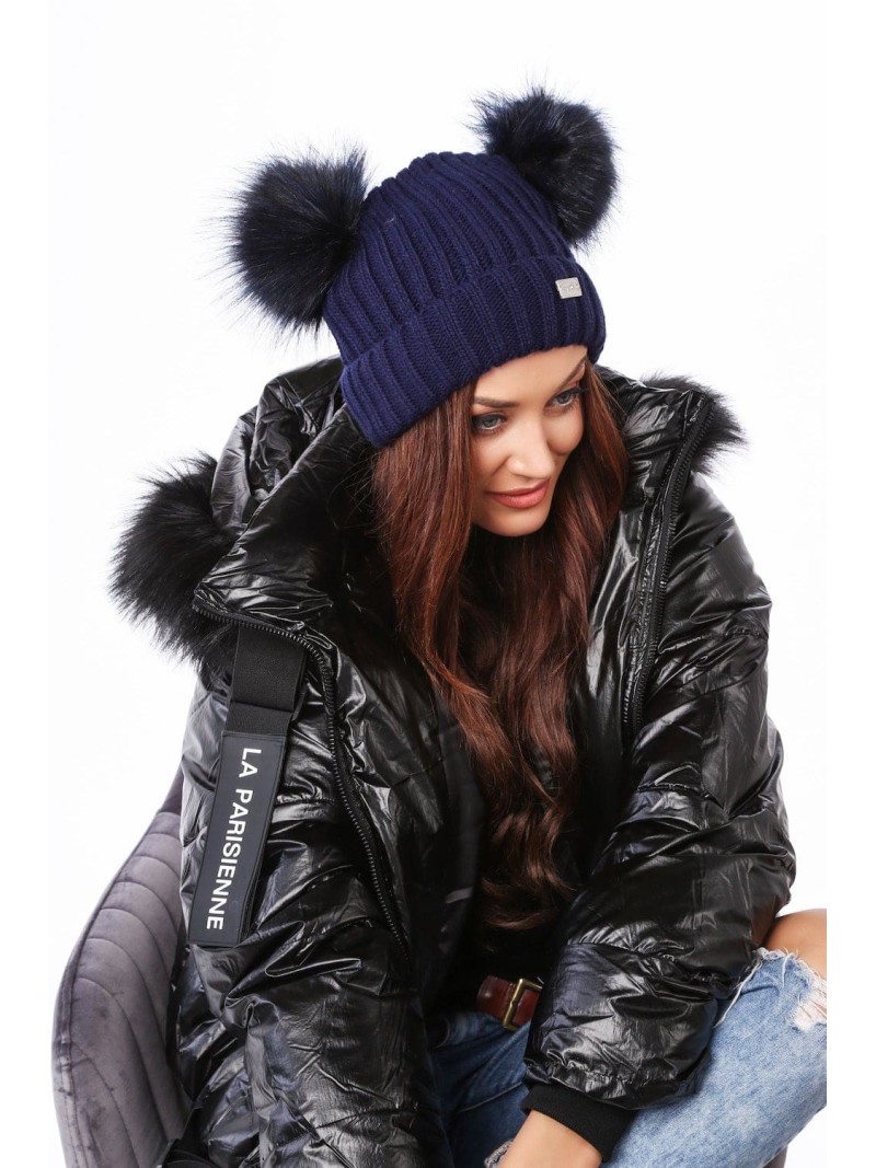 Navy blue winter hat with pompoms C5 - Online store - Boutique